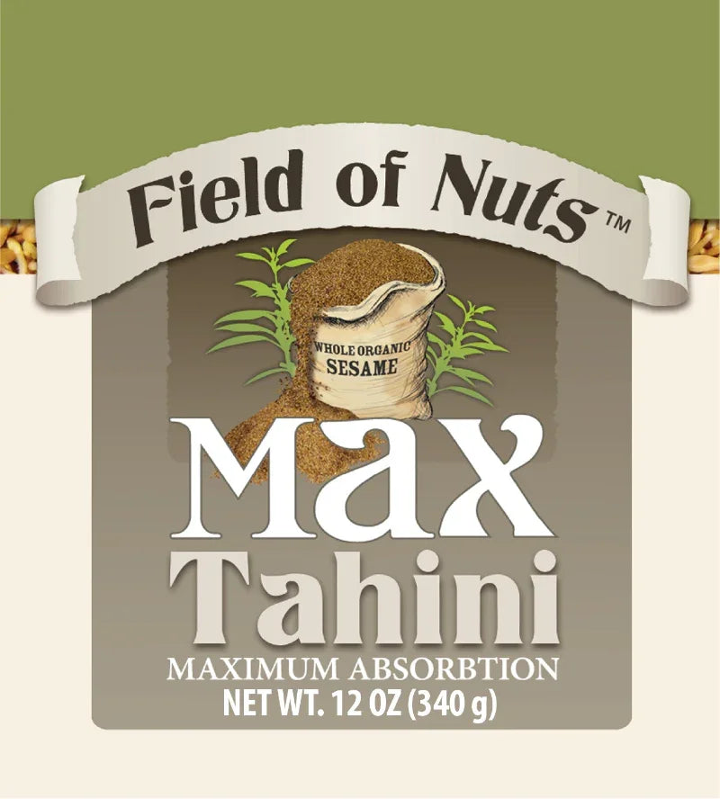 Field of Nuts Max Tahini packaging with sesame seeds and green background